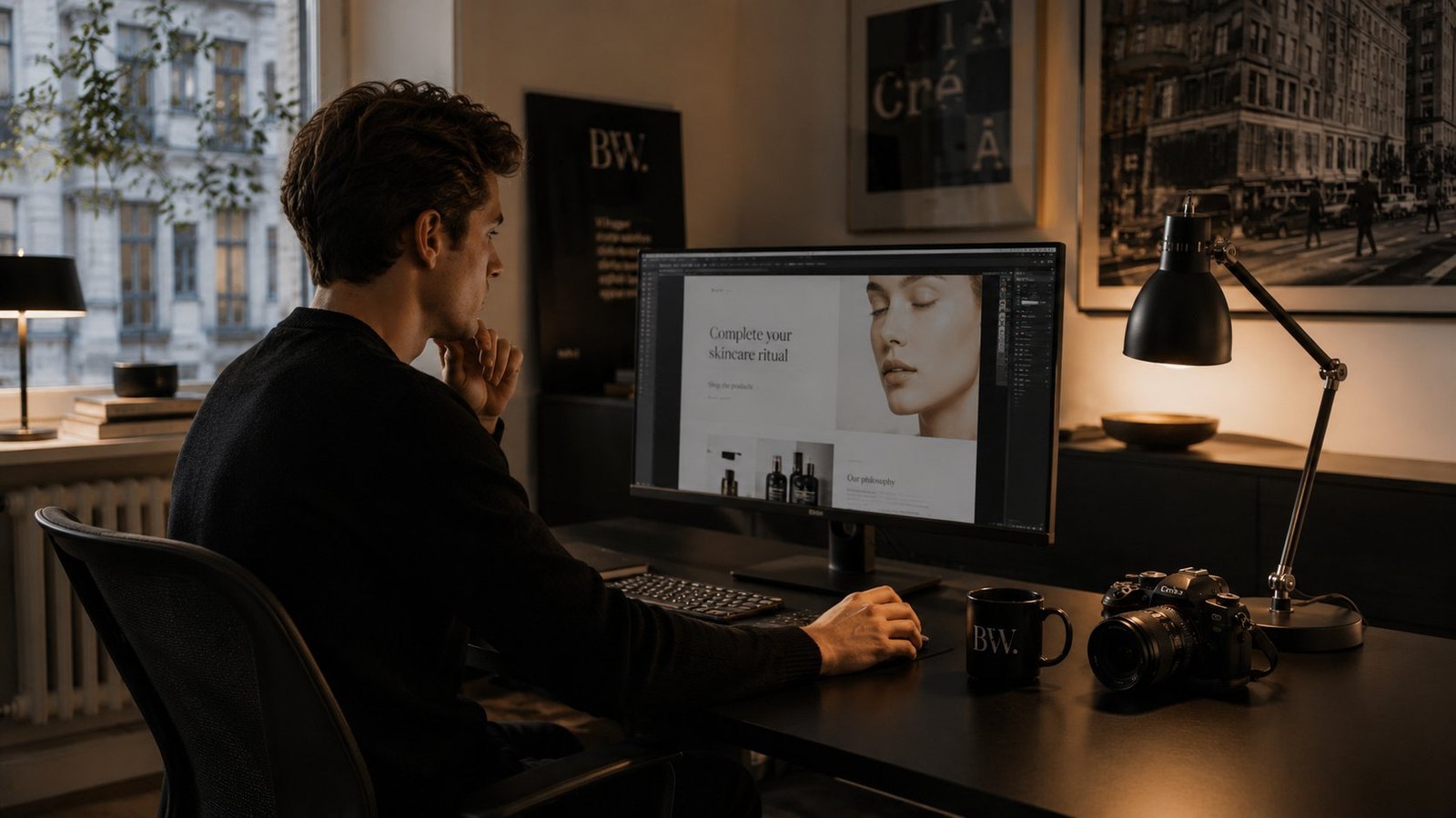 ByteWorks designer arbetar med en klienthemsida på mörkt Skandinaviskt kontor i Göteborg