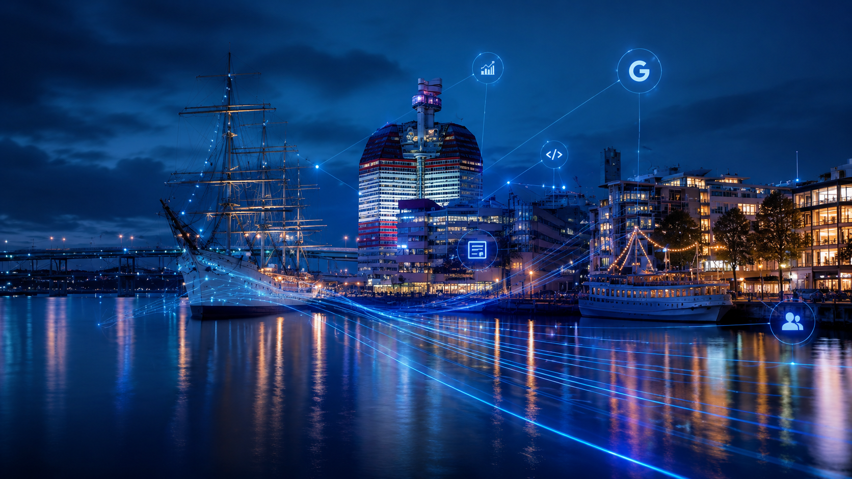 Göteborgs hamn i kvällsljus med Barken Viking, Lilla Bommen och digitala nätverkslinjer som binder samman webb, sök och analys