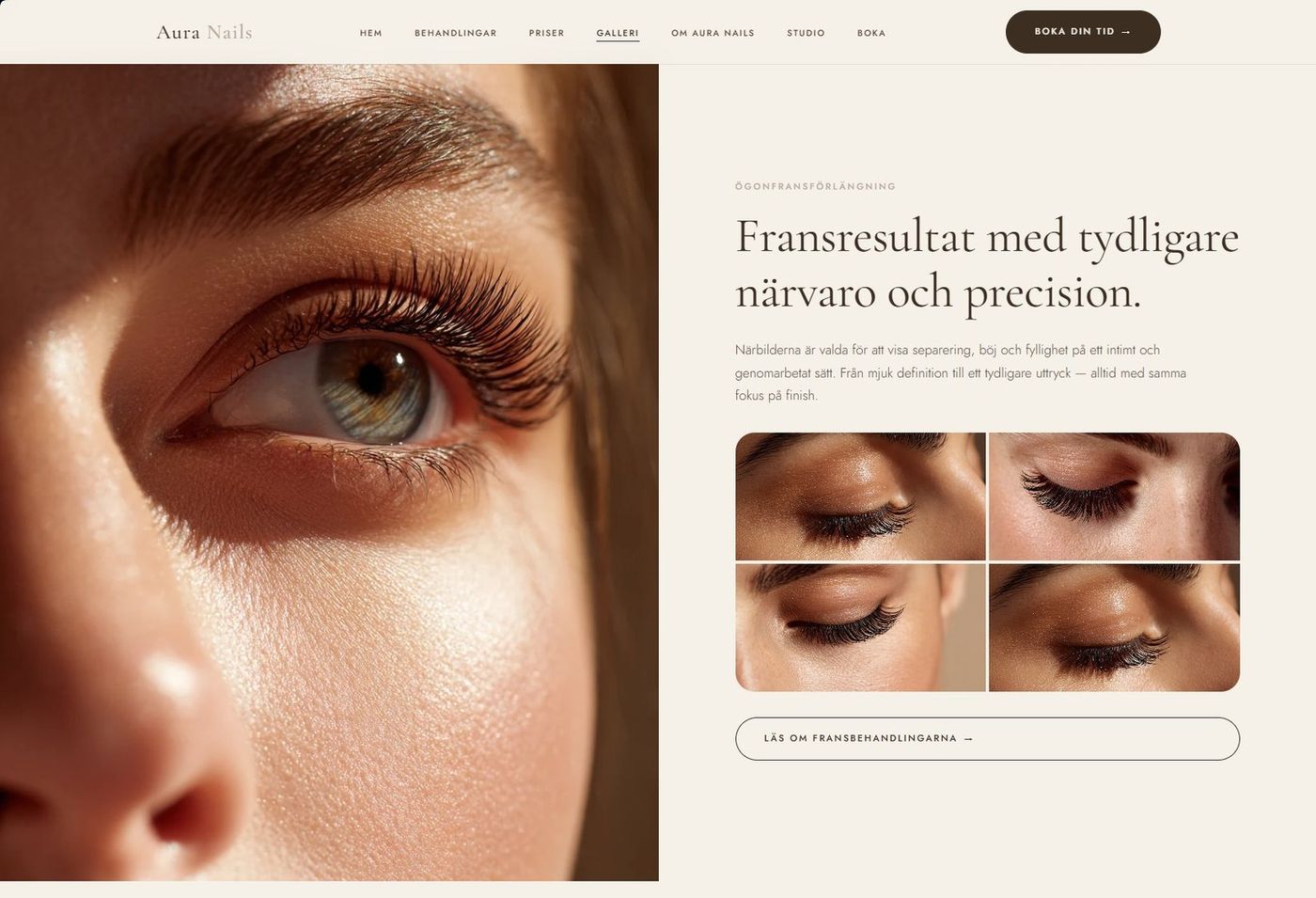 Skärmbild från webbplatsen för Aura Nails