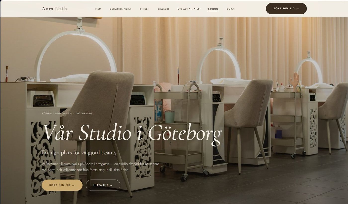 Skärmbild från webbplatsen för Aura Nails