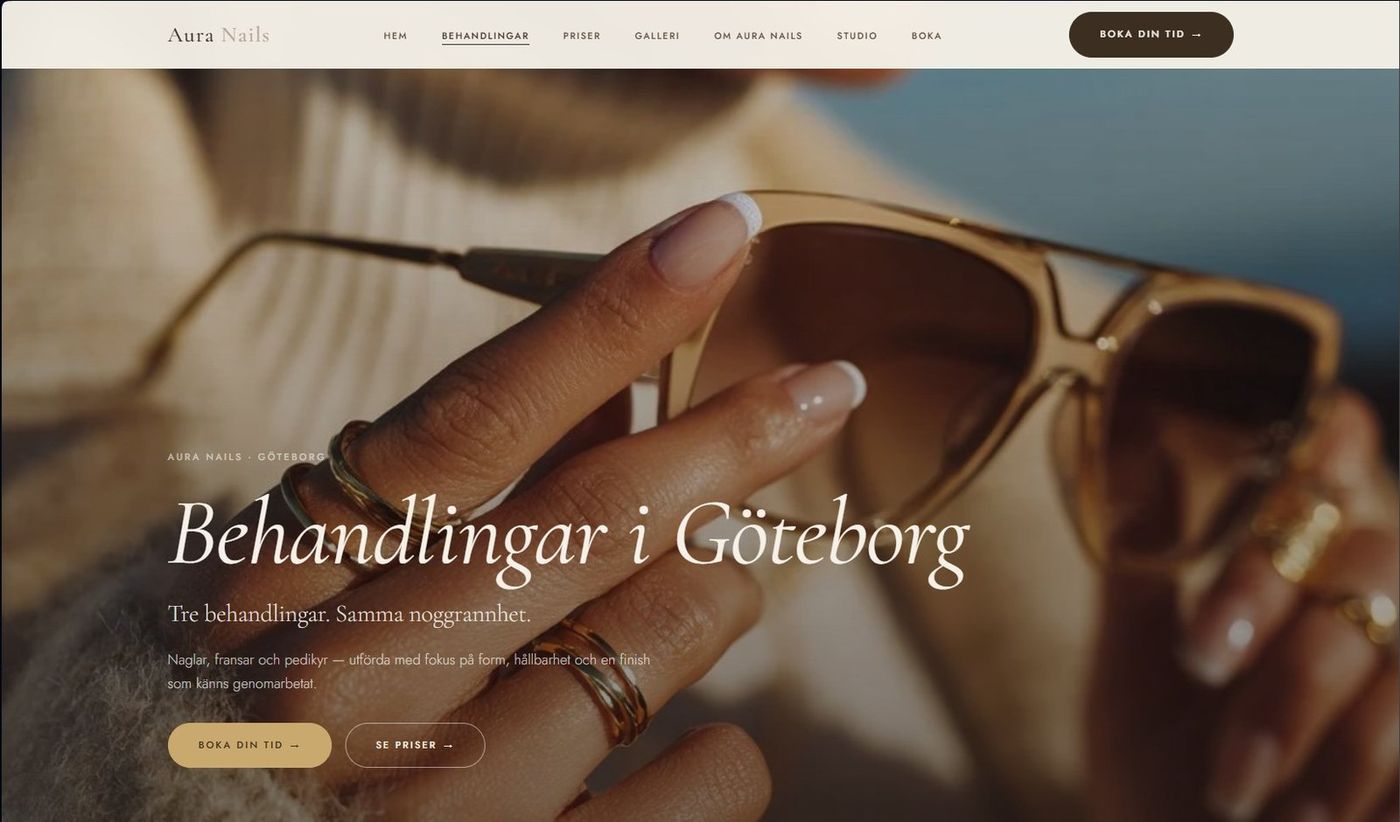 Skärmbild från webbplatsen för Aura Nails