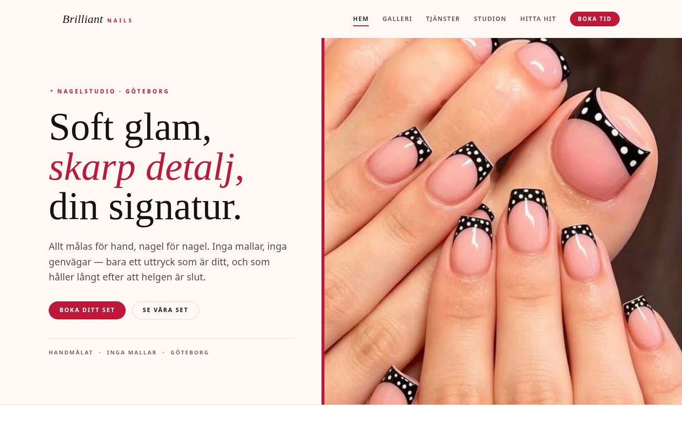 Startsidan i webbkonceptet för Brilliant Nails med rubriken Soft glam, skarp detalj, din signatur bredvid en närbild på svartvit handmålad nail art.