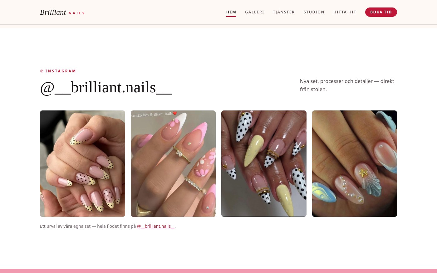 Instagram-sektionen på Brilliant Nails webbplats, byggd av ByteWorks