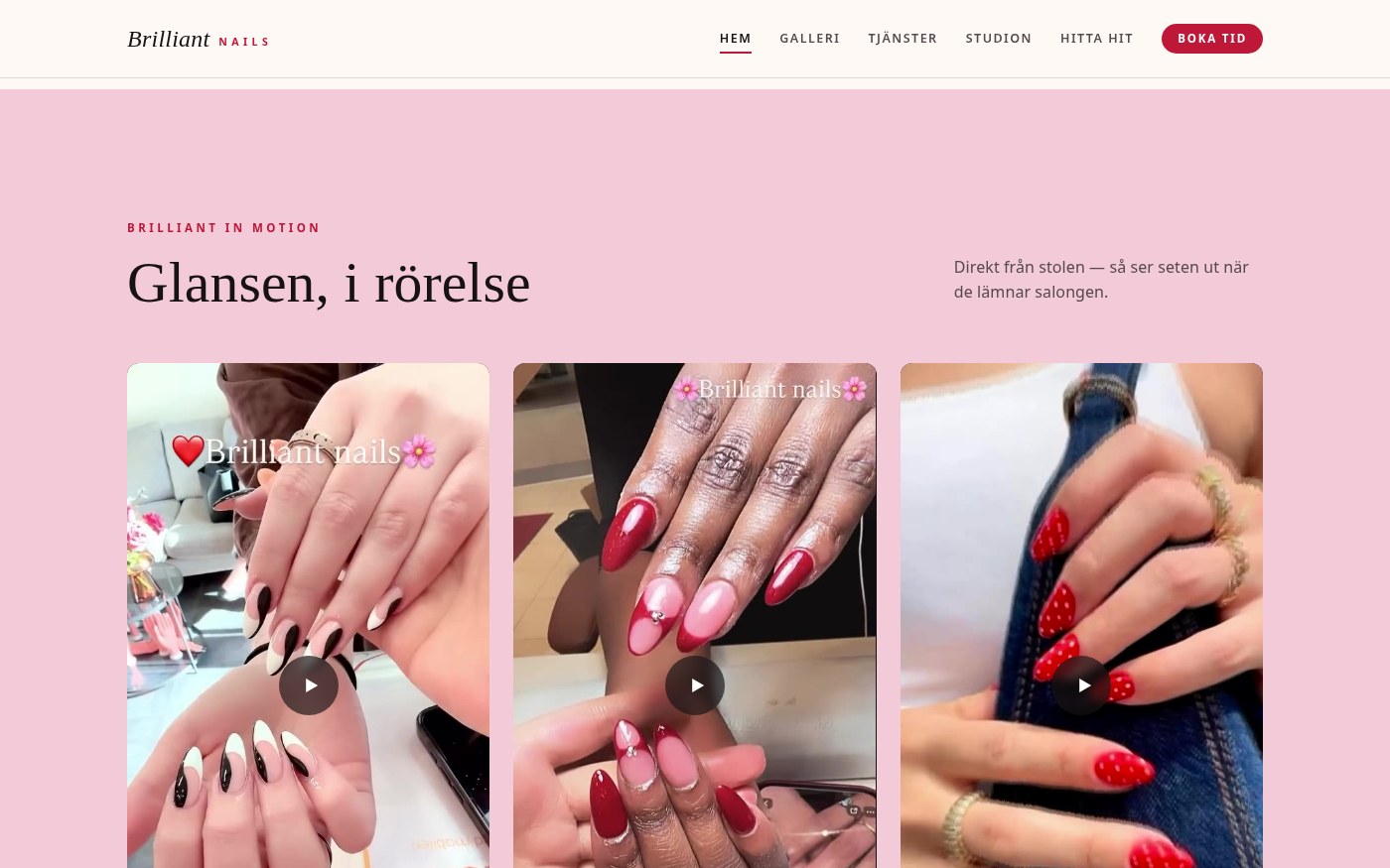Skärmbild från webbplatsen för Brilliant Nails