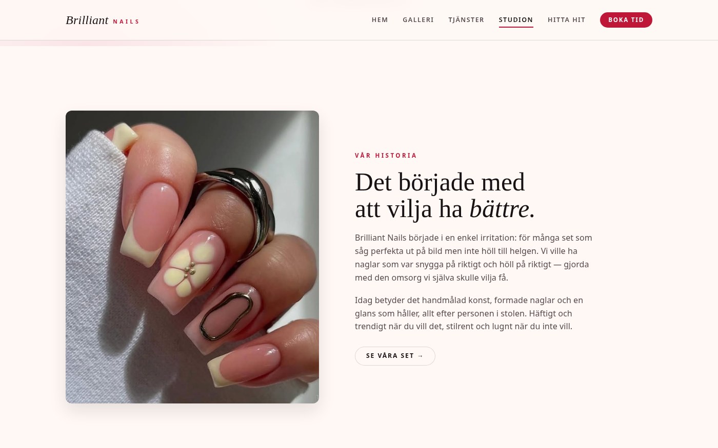 Skärmbild från webbplatsen för Brilliant Nails
