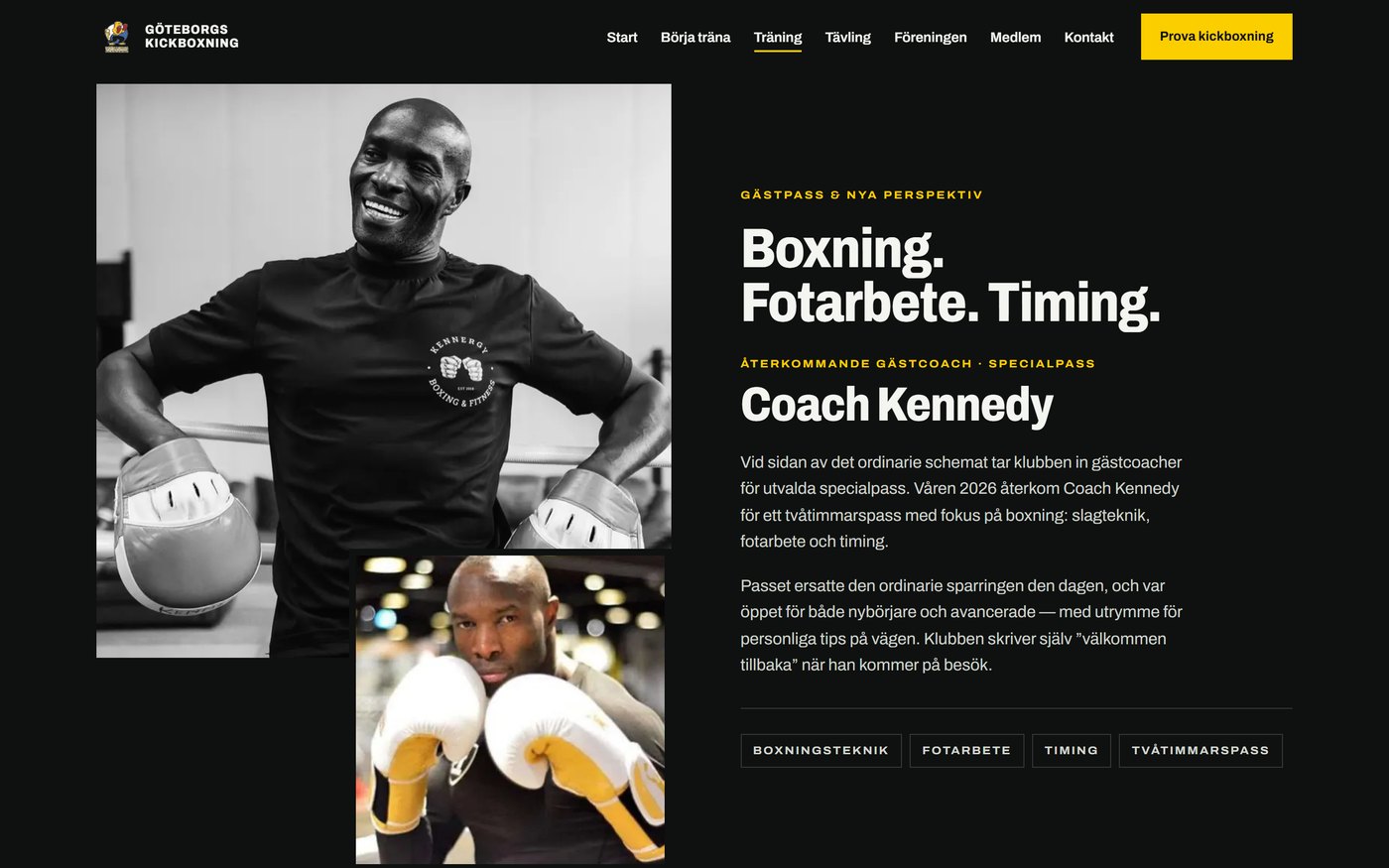 Skärmbild från webbplatsen för Göteborgs Kickboxning