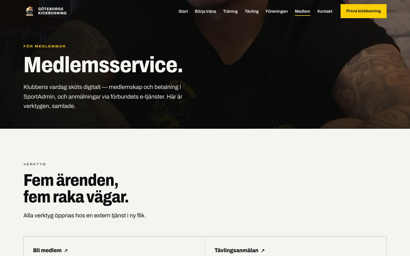 Skärmbild från webbplatsen för Göteborgs Kickboxning