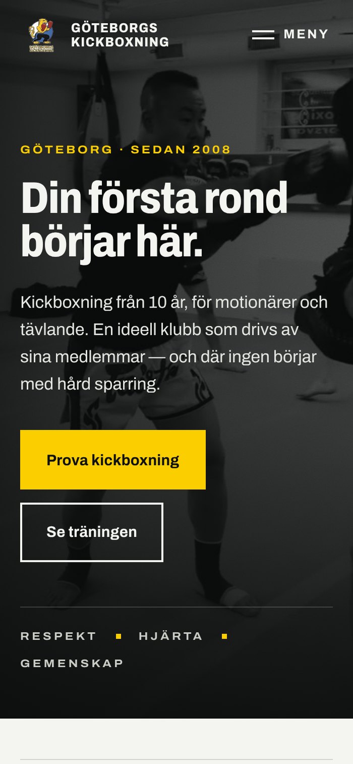 Skärmbild från webbplatsen för Göteborgs Kickboxning