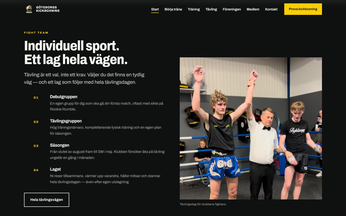 Skärmbild från webbplatsen för Göteborgs Kickboxning