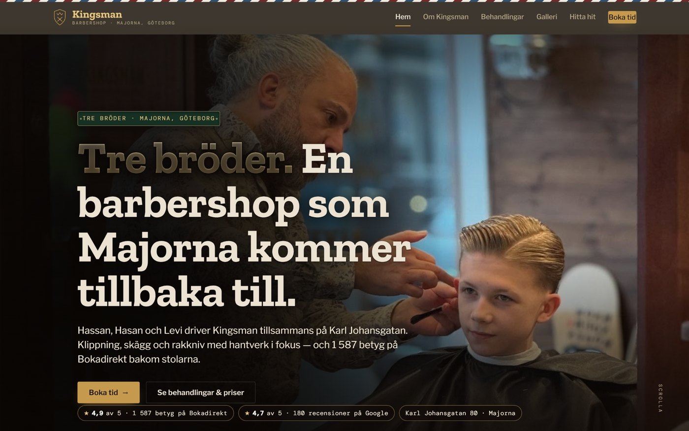 Startsidan för Kingsman Barbershop med rubriken Tre bröder. En barbershop som Majorna kommer tillbaka till, mot ett foto från salongen, samt knapparna Boka tid och Se behandlingar och priser.