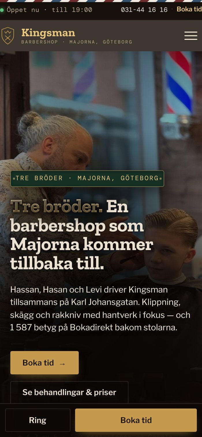 Skärmbild från webbplatsen för Kingsman Barbershop