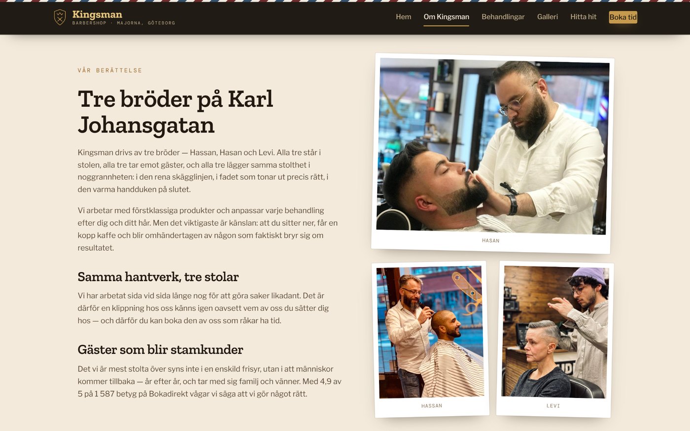 Om-sidan för Kingsman Barbershop — webbtext skriven och formgiven av ByteWorks