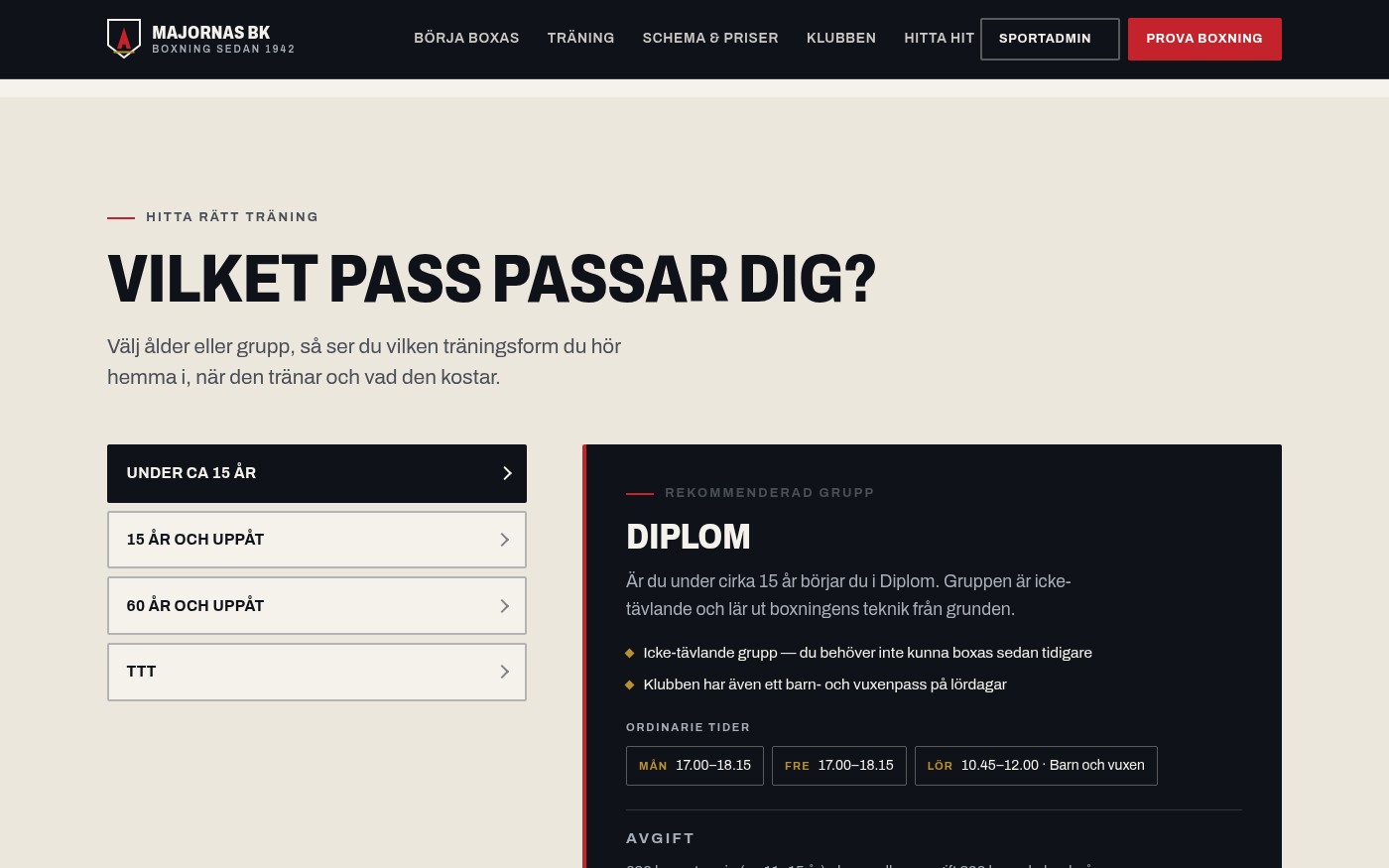 Skärmbild från webbplatsen för Majornas Boxningsklubb