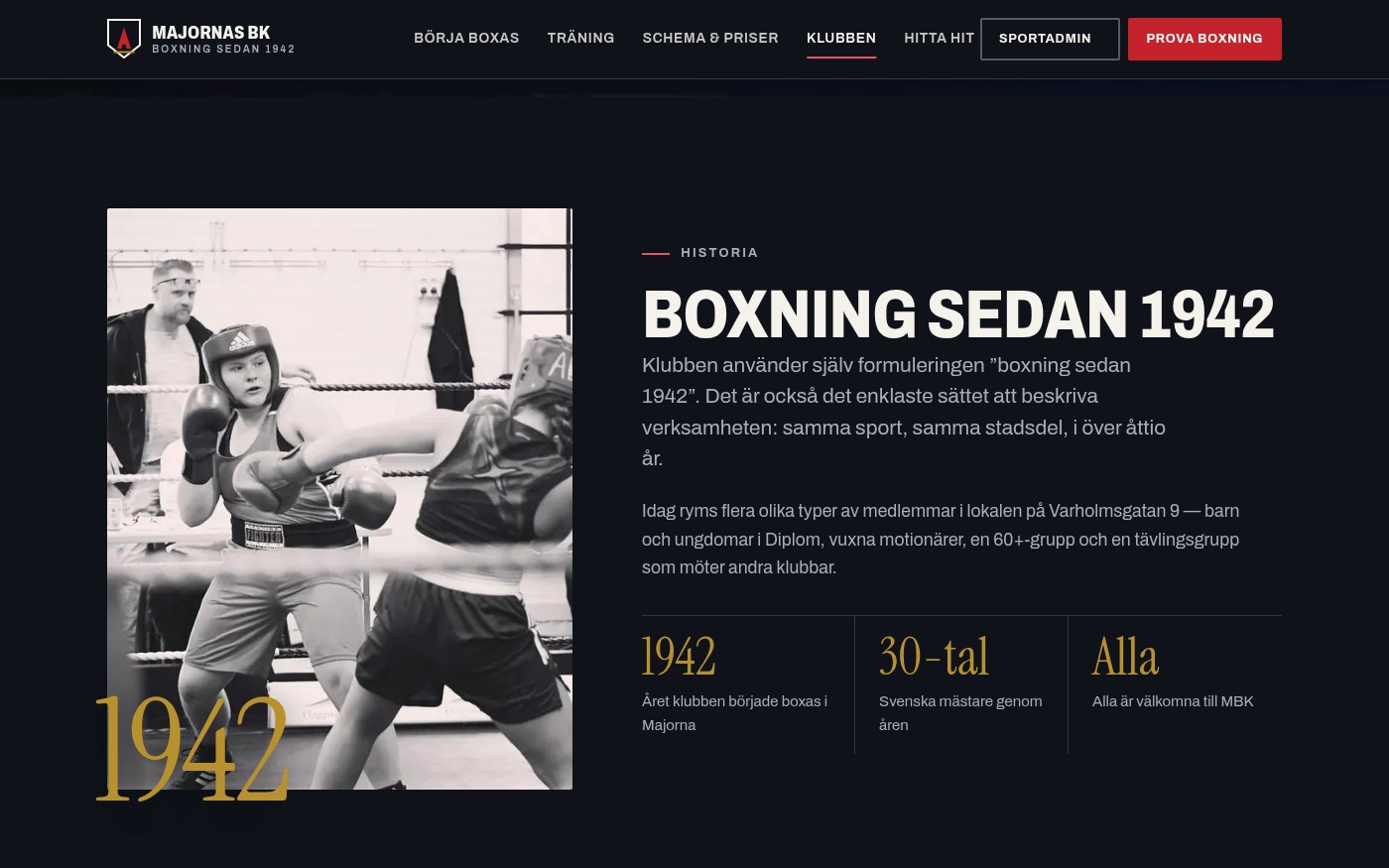 Skärmbild från webbplatsen för Majornas Boxningsklubb