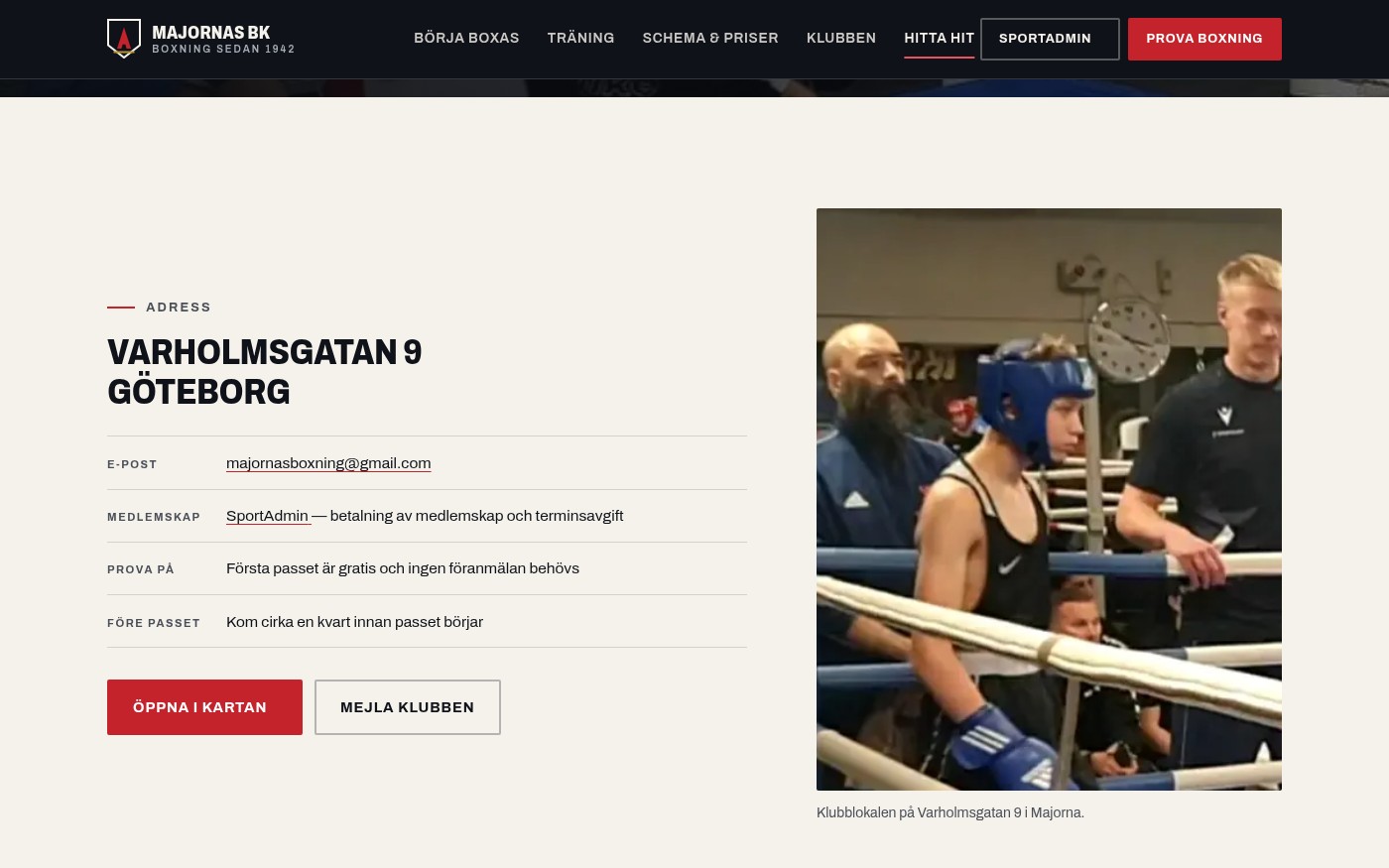 Skärmbild från webbplatsen för Majornas Boxningsklubb