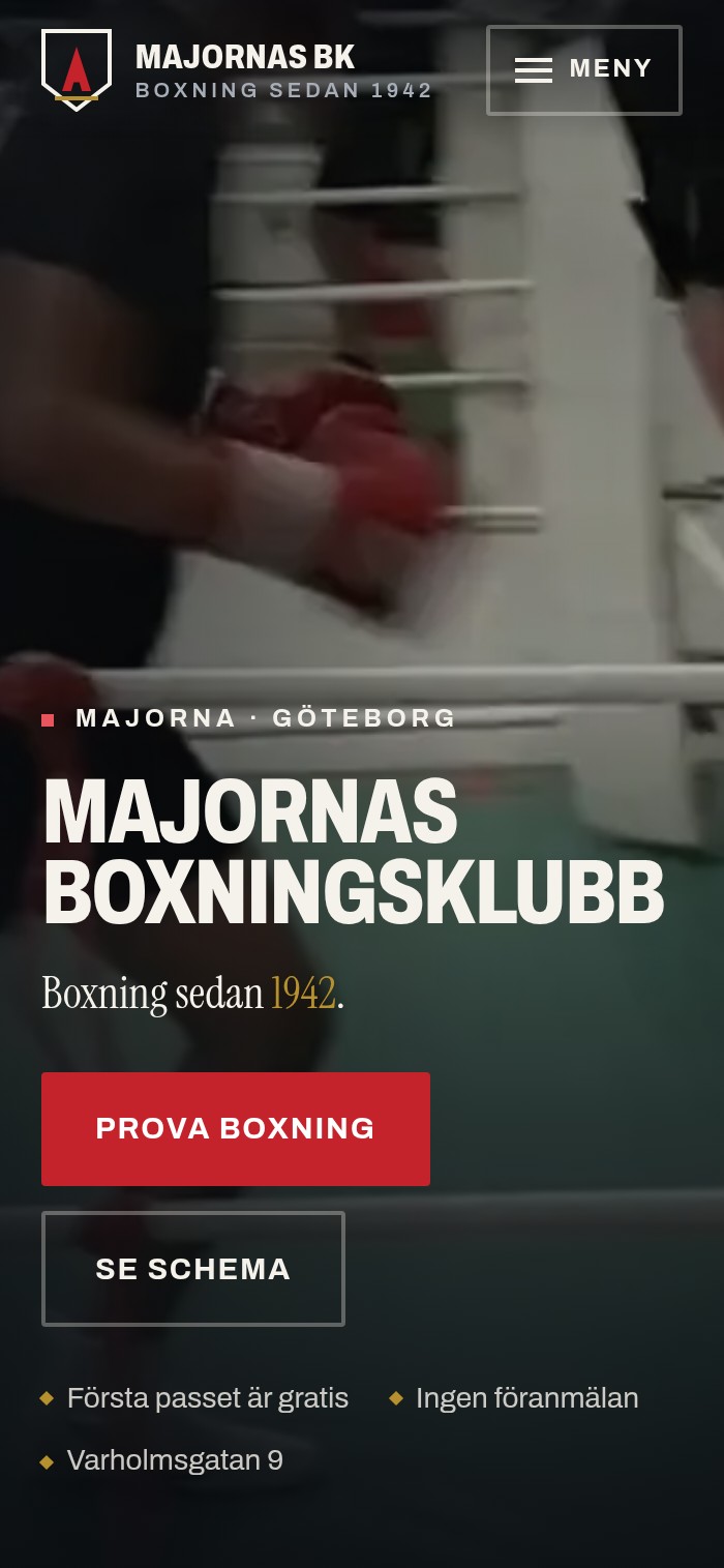 Skärmbild från webbplatsen för Majornas Boxningsklubb