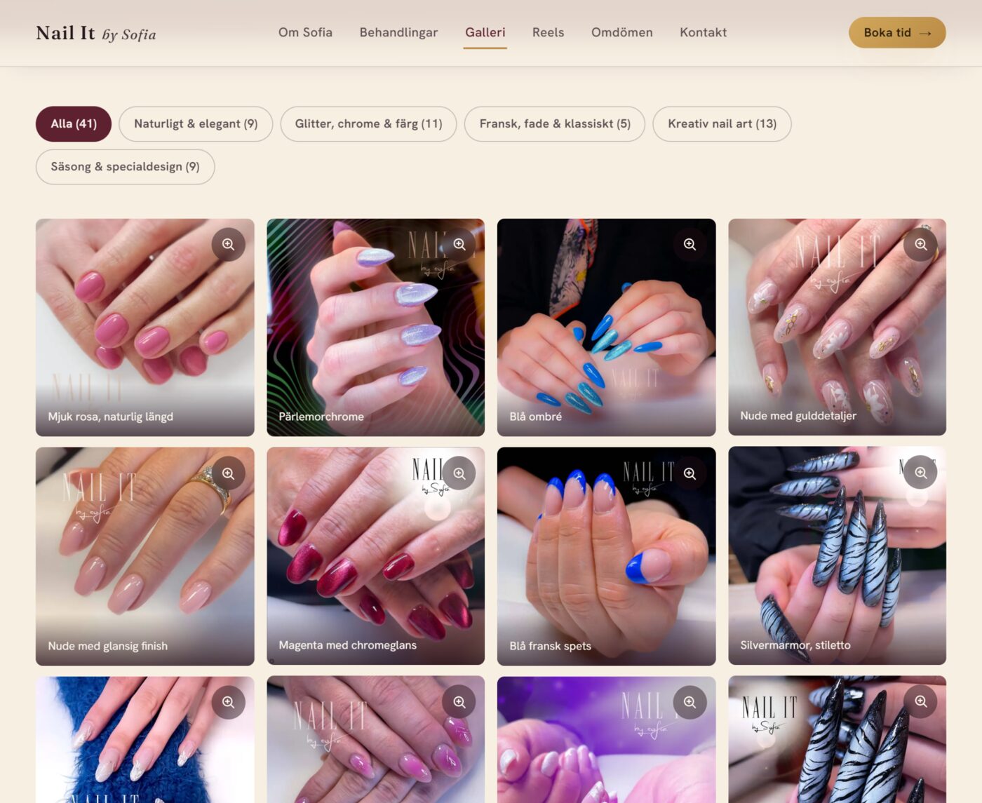 Skärmbild från webbplatsen för Nail It by Sofia