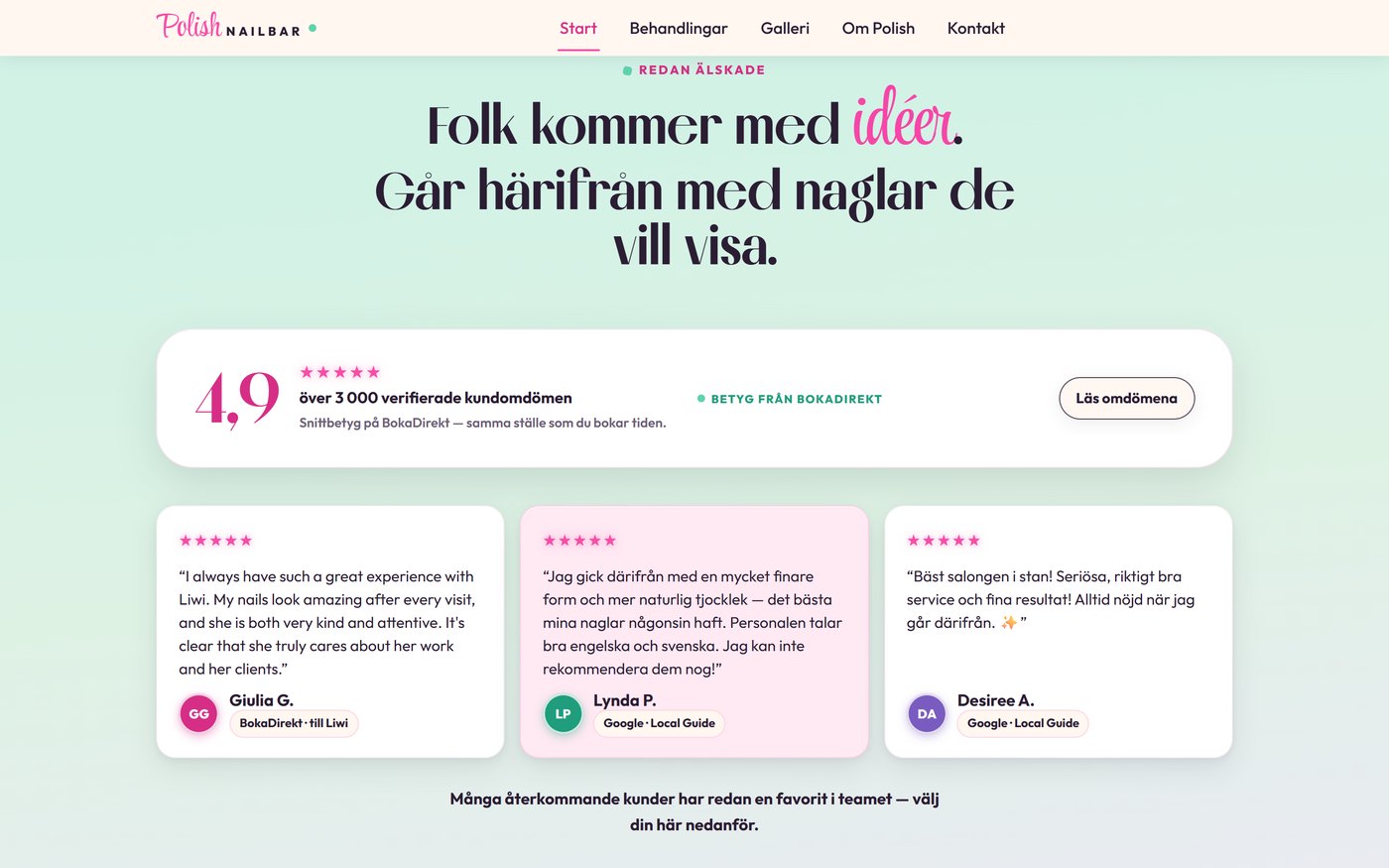 Skärmbild från webbplatsen för Polish Nailbar