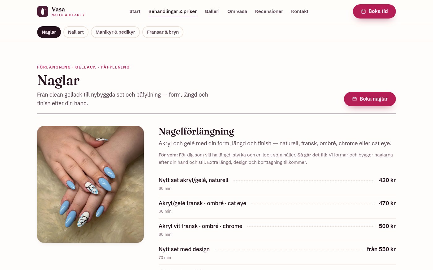 Skärmbild från webbplatsen för Vasa Nails & Beauty
