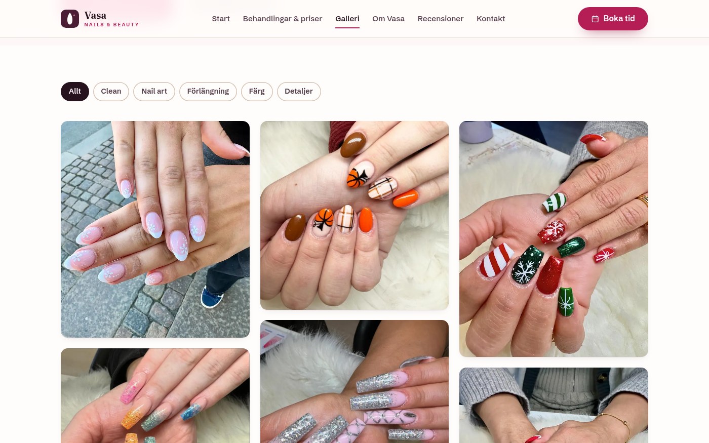 Skärmbild från webbplatsen för Vasa Nails & Beauty