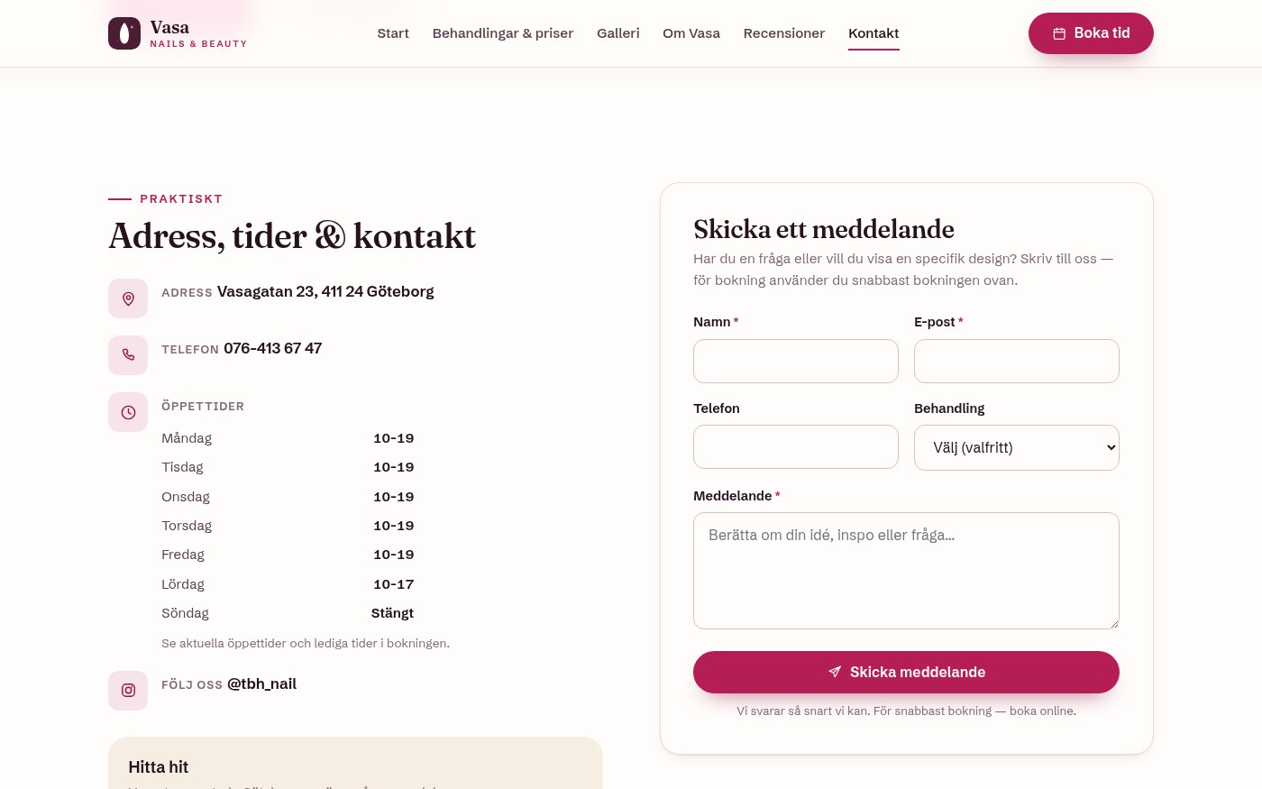 Skärmbild från webbplatsen för Vasa Nails & Beauty
