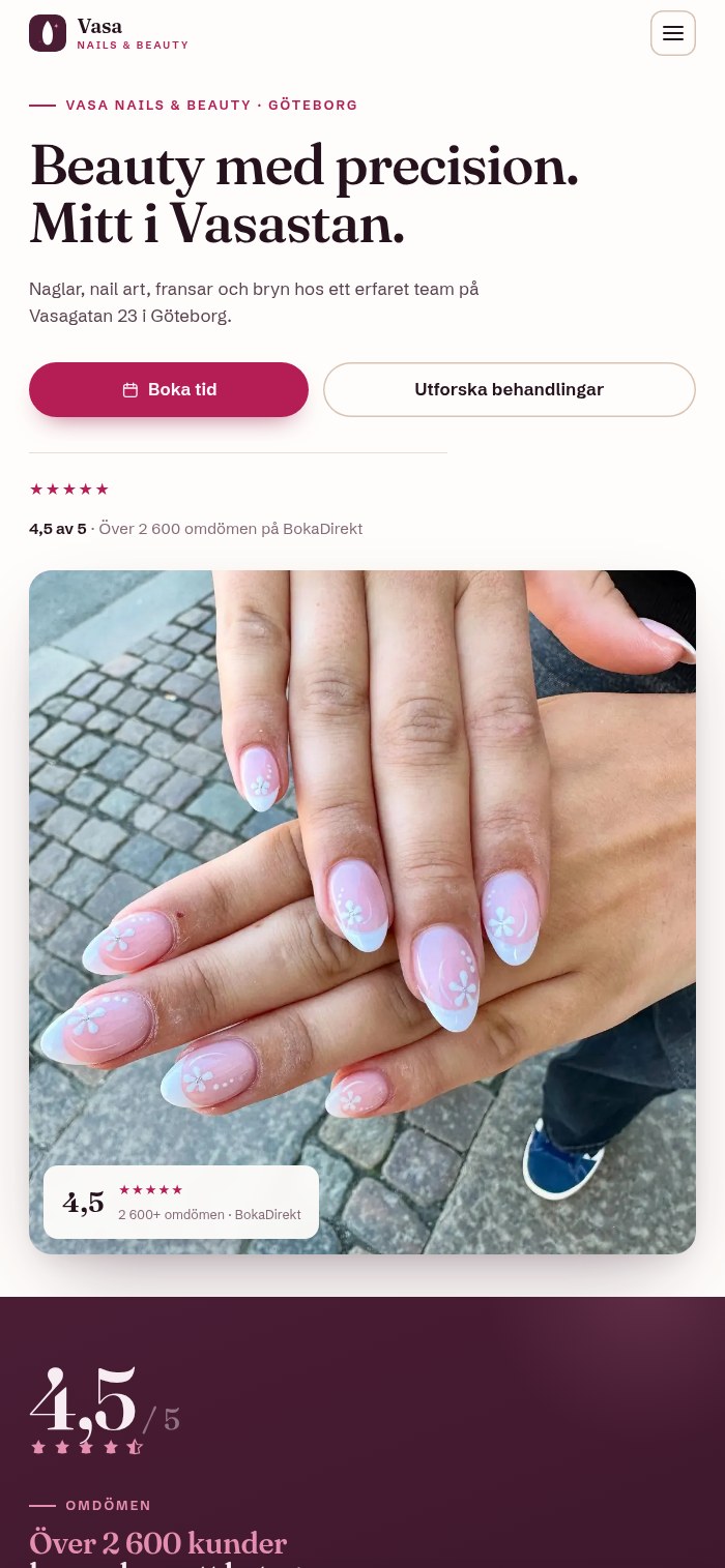 Skärmbild från webbplatsen för Vasa Nails & Beauty