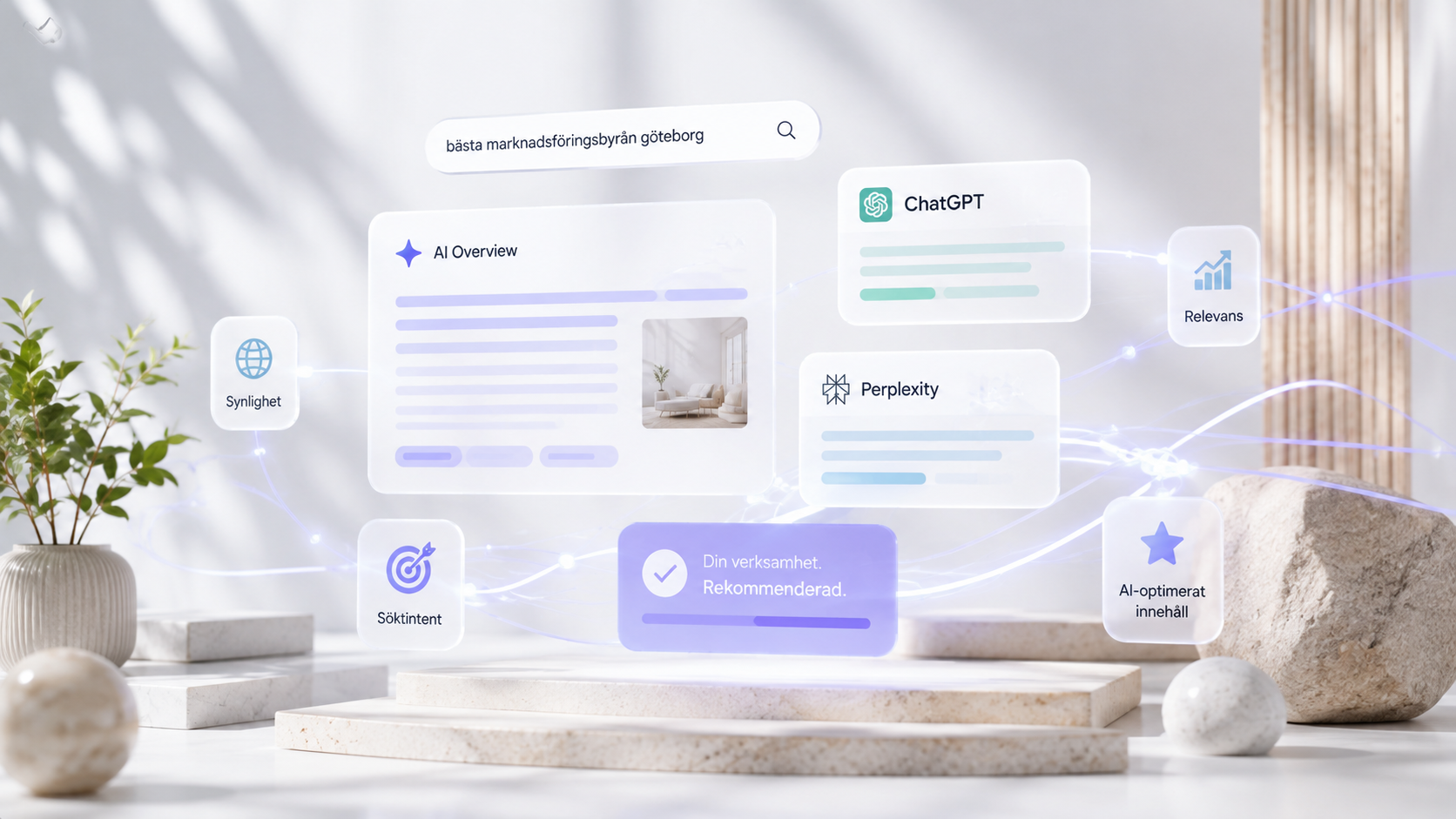 Illustration av AI-drivna sökresultat: AI Overview, ChatGPT och Perplexity med paneler för synlighet, sökintention och relevans