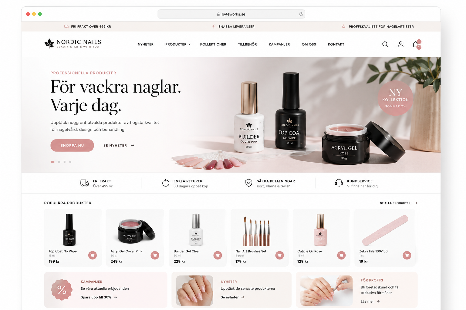 Illustration av en webbutik: startsida med hero, produktkort, kategorier och köpflöde