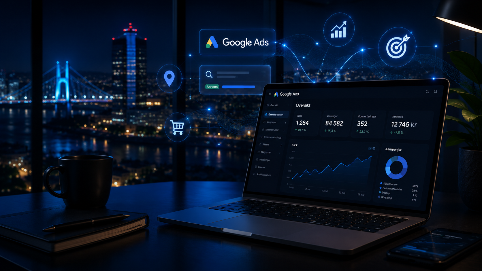 Illustration av Google Ads-kampanjhantering: översiktsvy med kampanjdata och en sökannons, mot Göteborg i bakgrunden