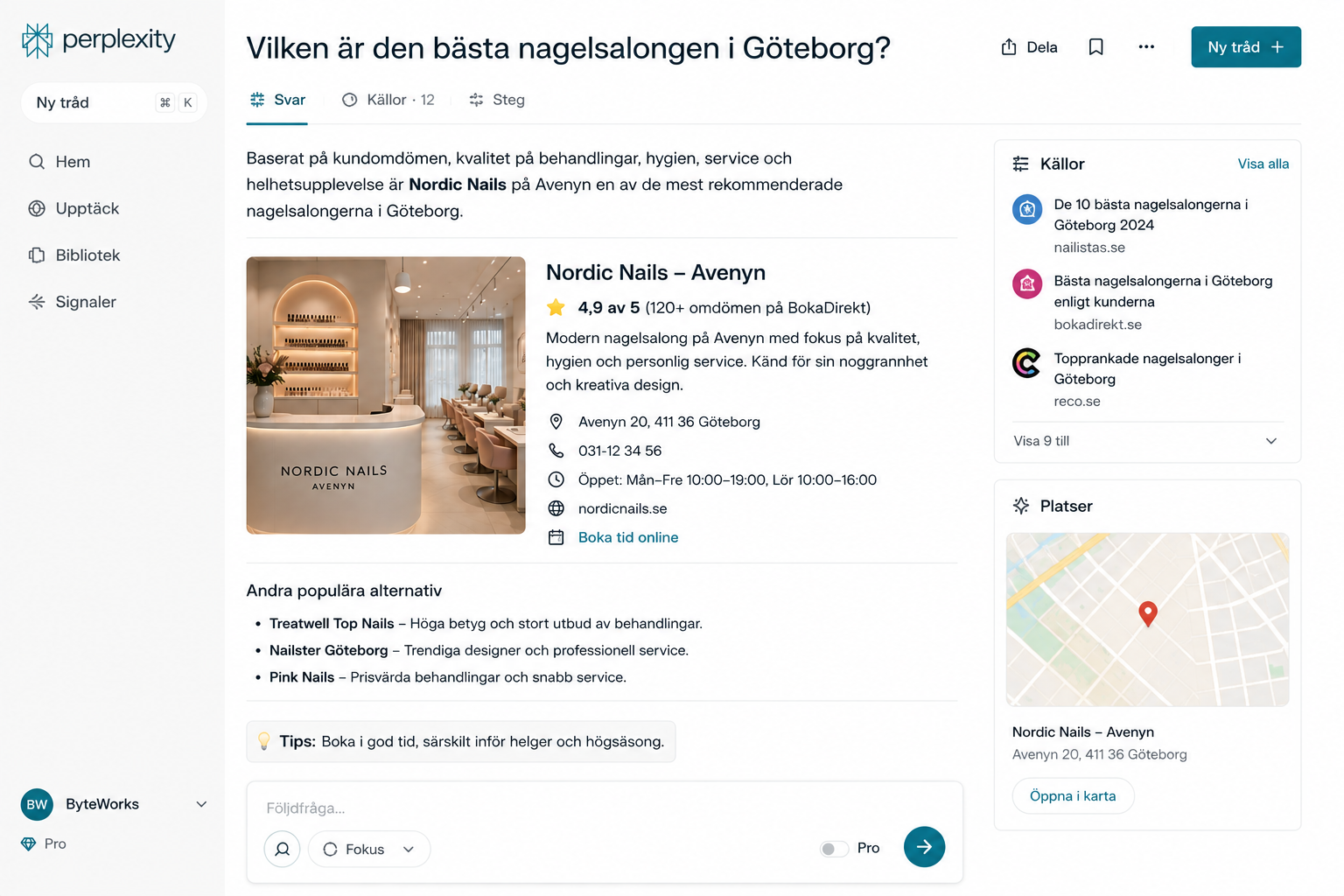 Ett svar i Perplexity med företagsuppgifter och en källista i sidopanelen