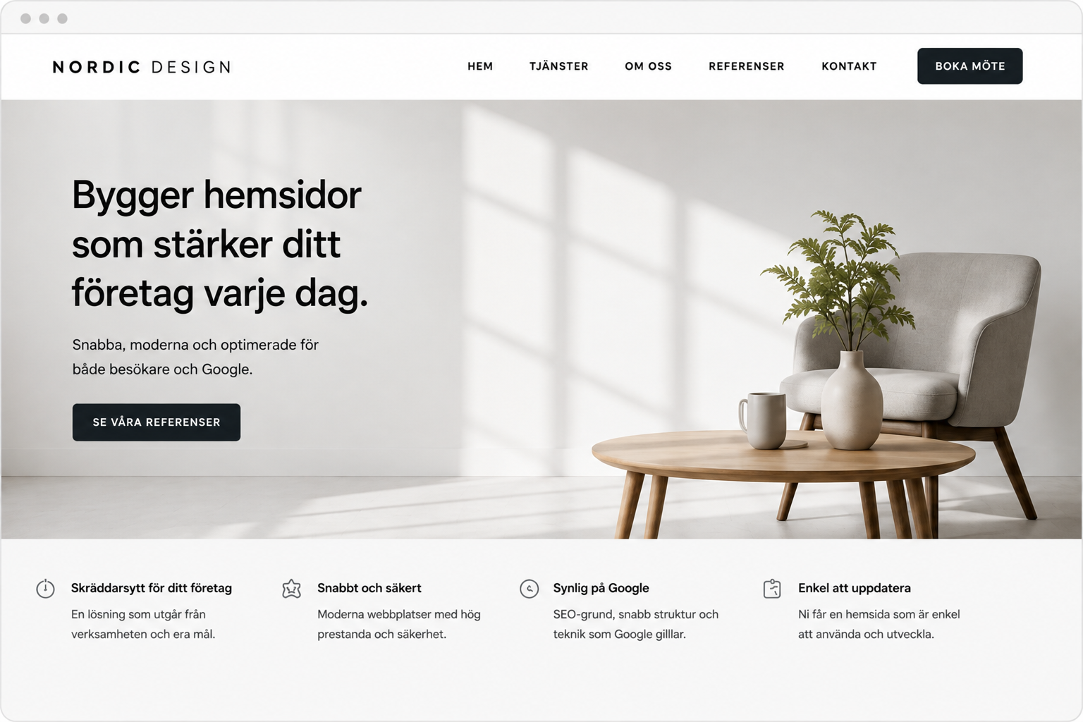 En modern företagshemsida med tydlig rubrik, ingress och nästa steg